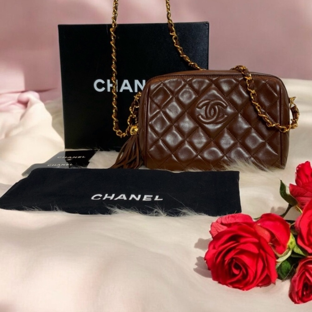 Chanel Brown Quilted fringe Small bag, box, dust bag and Auth Card